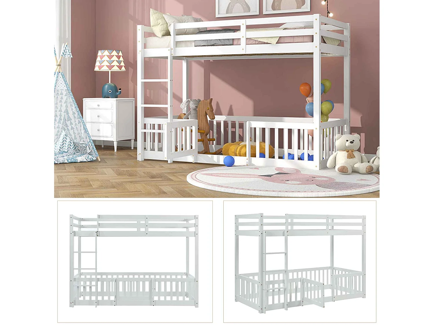 Lit superposé avec escalier droit, lit avec barrières et petite porte, lit bébé avec protection anti-chute et barreaux, bois massif, (200 x 90 cm)