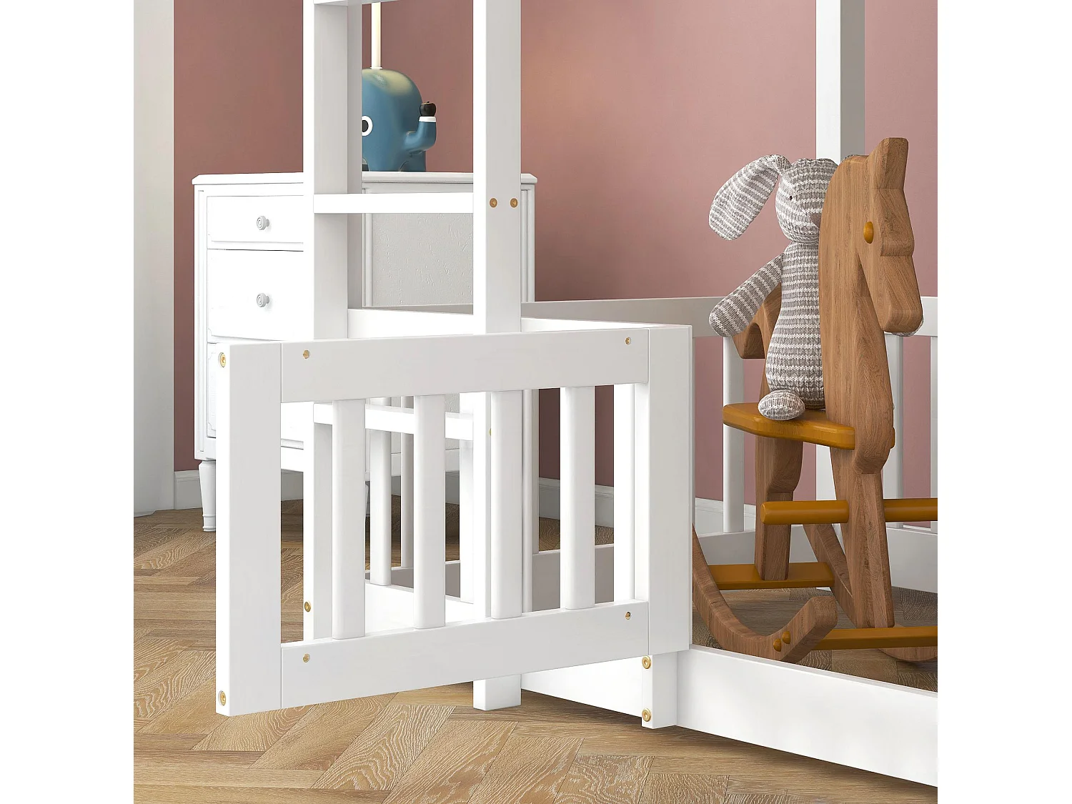 Lit superposé avec escalier droit, lit avec barrières et petite porte, lit bébé avec protection anti-chute et barreaux, bois massif, (200 x 90 cm)