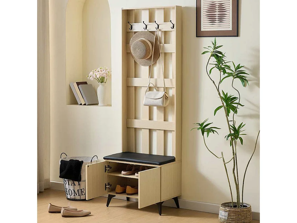 Moderner Kleiderschrank mit Sitzbank und 4 schwarzen Stahlhaken – praktisches Design für Flur, Eingang und Wohnzimmer mit bequemer Sitzfläche