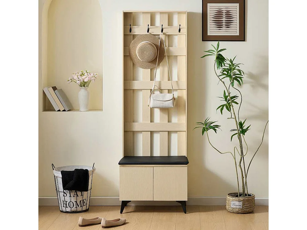 Moderner Kleiderschrank mit Sitzbank und 4 schwarzen Stahlhaken – praktisches Design für Flur, Eingang und Wohnzimmer mit bequemer Sitzfläche