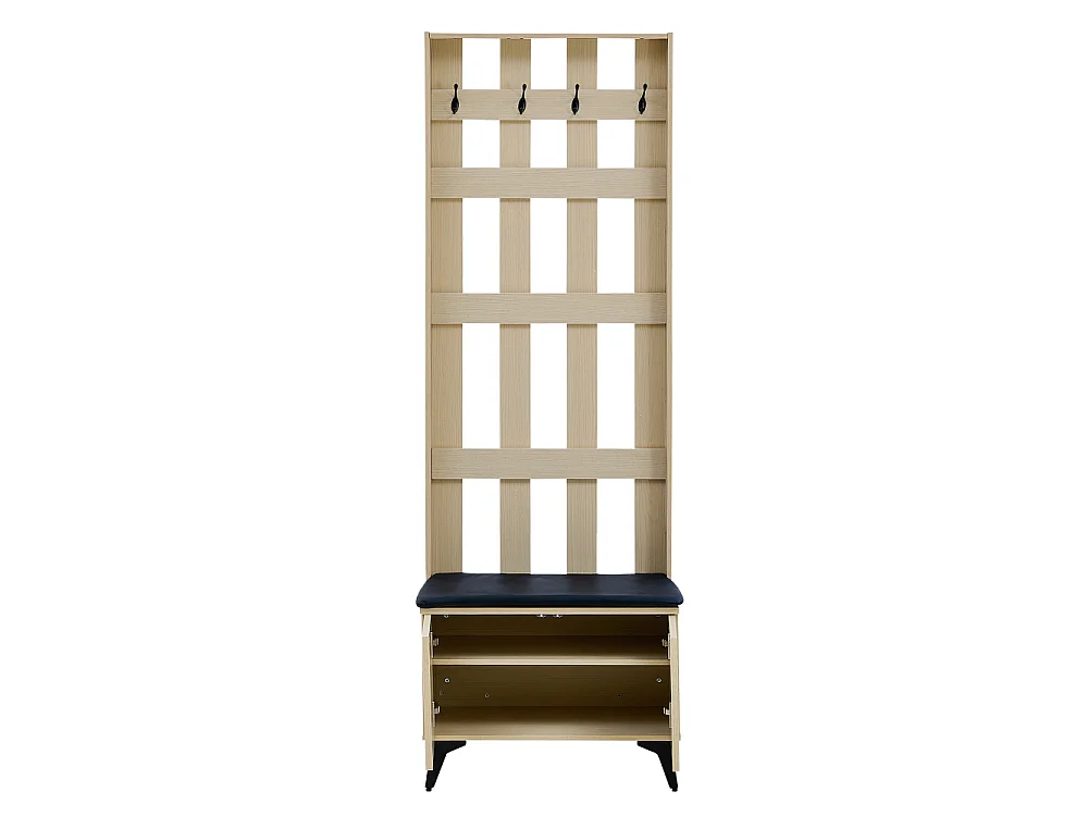 Moderner Kleiderschrank mit Sitzbank und 4 schwarzen Stahlhaken – praktisches Design für Flur, Eingang und Wohnzimmer mit bequemer Sitzfläche