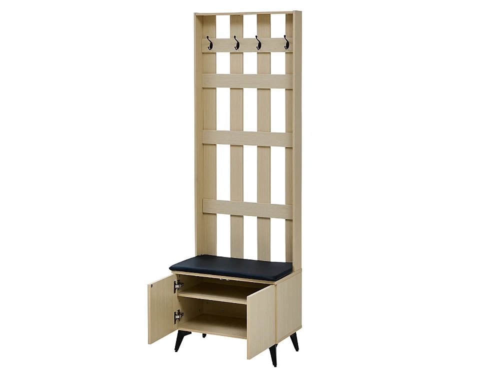 Moderner Kleiderschrank mit Sitzbank und 4 schwarzen Stahlhaken – praktisches Design für Flur, Eingang und Wohnzimmer mit bequemer Sitzfläche