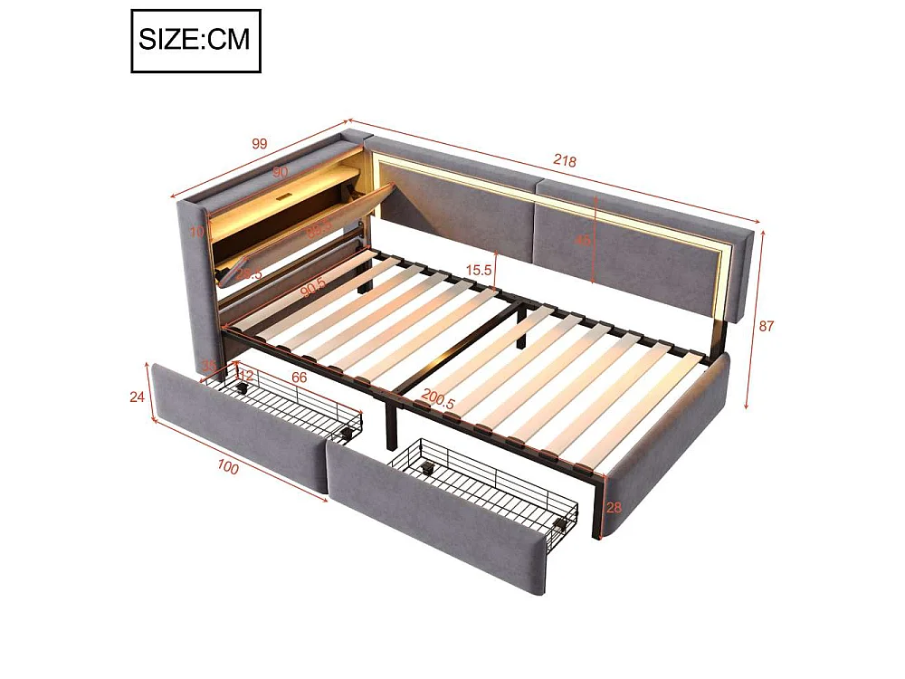 Divano-letto 90x200 cm con LED, USB e contenitore idraulico – divano multifunzionale confortevole e pratico