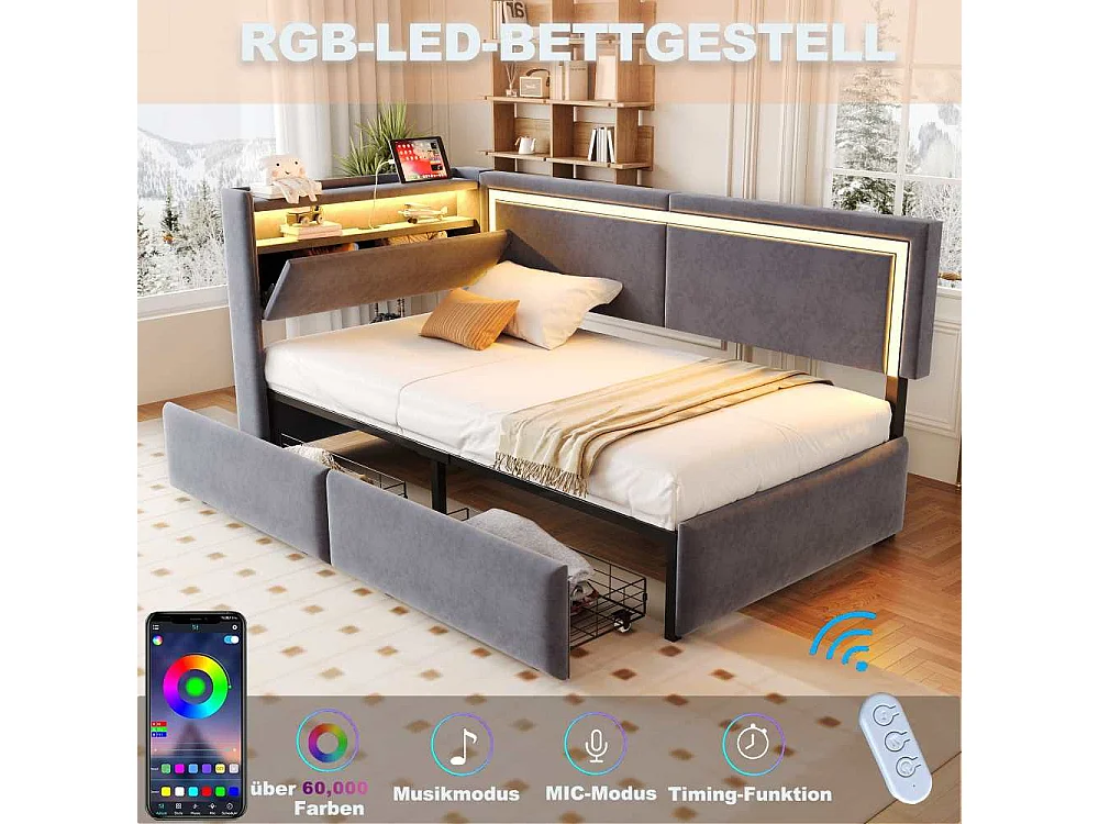 Divano-letto 90x200 cm con LED, USB e contenitore idraulico – divano multifunzionale confortevole e pratico