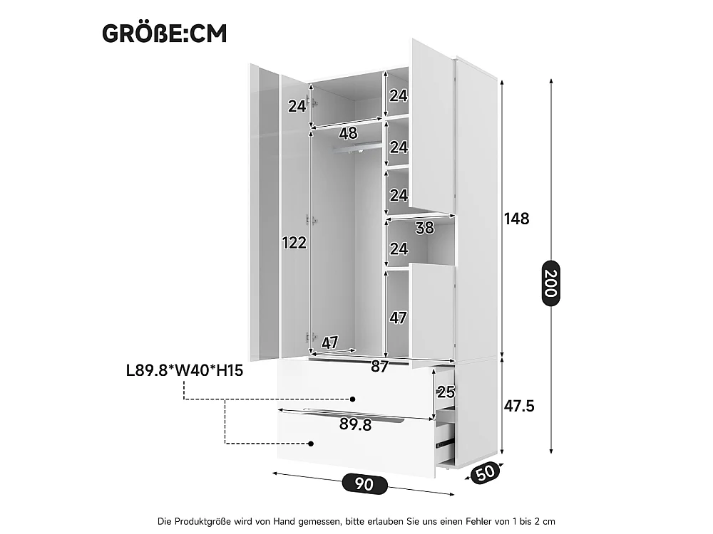 Dressoir met LED 90x50x200 cm, 3 deuren, kledingkast, 2 laden, 6 planken, modern wit