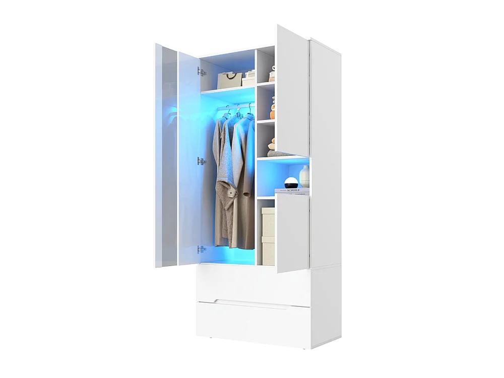 Dressoir met LED 90x50x200 cm, 3 deuren, kledingkast, 2 laden, 6 planken, modern wit