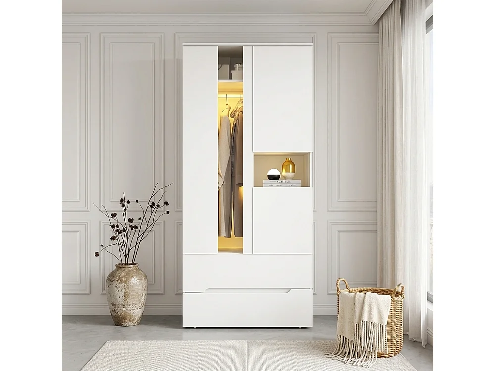 Dressoir met LED 90x50x200 cm, 3 deuren, kledingkast, 2 laden, 6 planken, modern wit