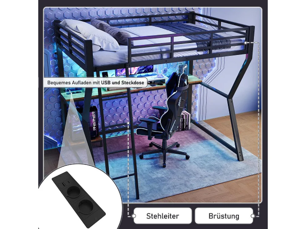 Lit mezzanine 90x200cm avec LED, Bureau multifonction, Ports USB et Prises, Étagère ordinateur, Escalier sécurisé