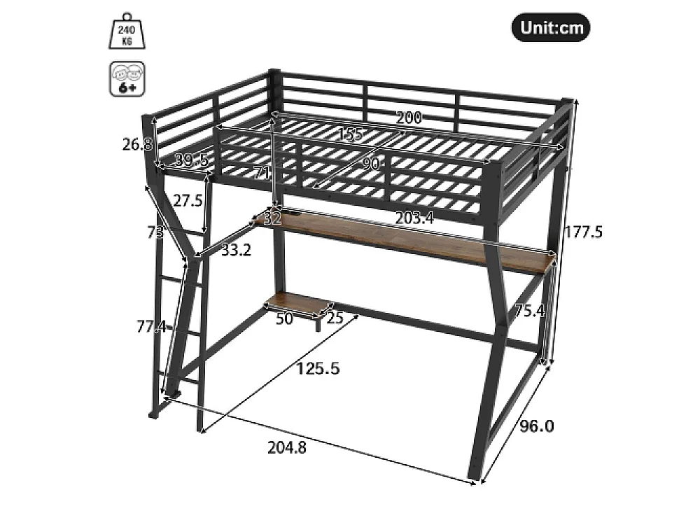 Lit mezzanine 90x200cm avec LED, Bureau multifonction, Ports USB et Prises, Étagère ordinateur, Escalier sécurisé