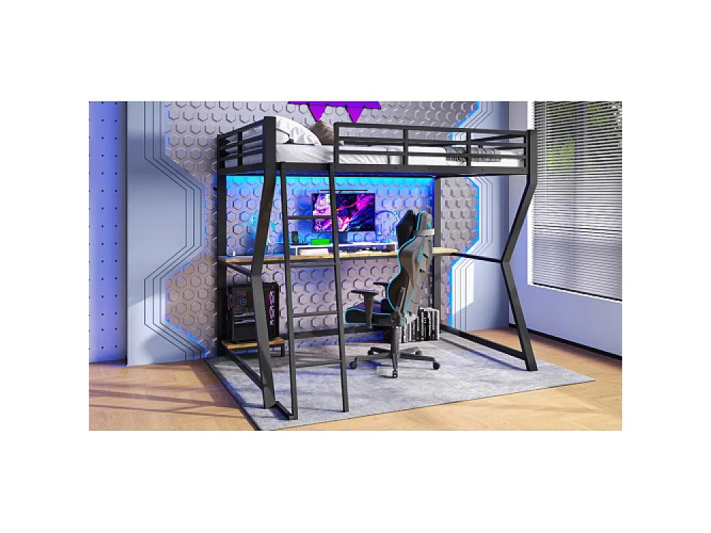 Lit mezzanine 90x200cm avec LED, Bureau multifonction, Ports USB et Prises, Étagère ordinateur, Escalier sécurisé