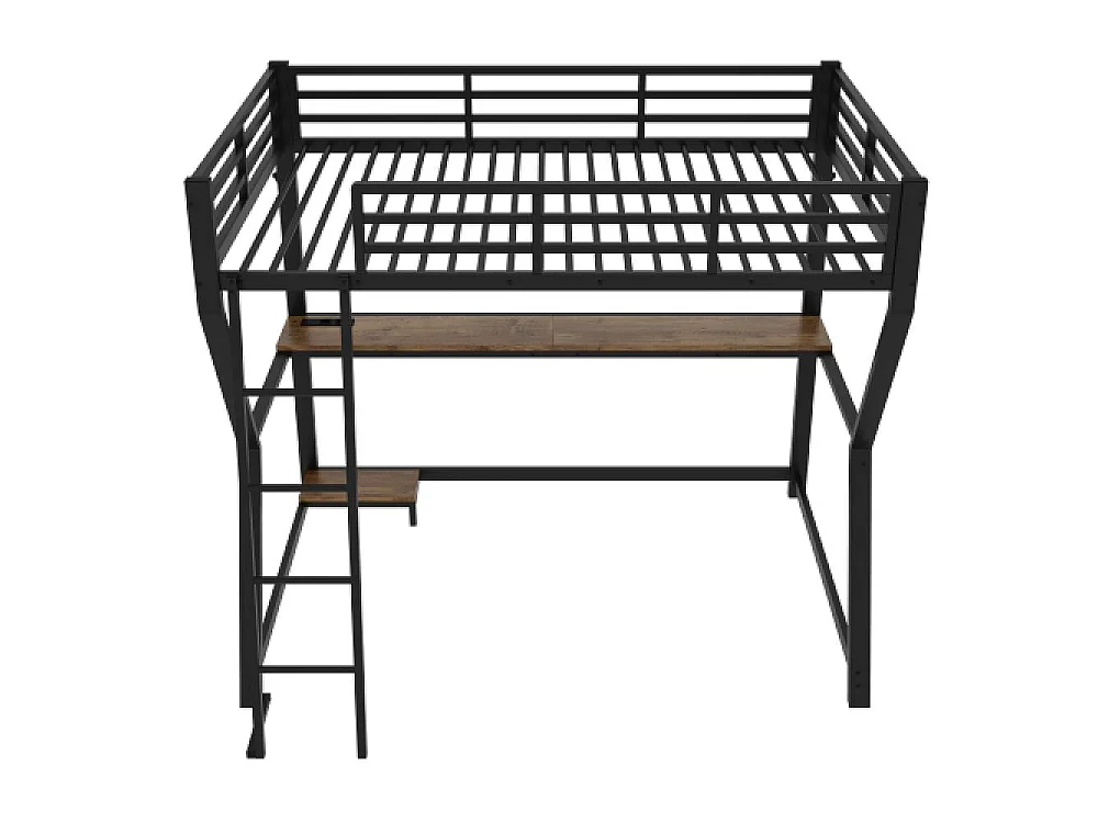 Lit mezzanine 90x200cm avec LED, Bureau multifonction, Ports USB et Prises, Étagère ordinateur, Escalier sécurisé