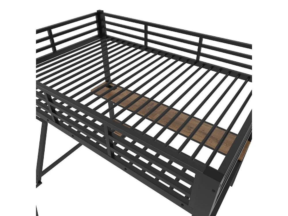 Lit mezzanine 90x200cm avec LED, Bureau multifonction, Ports USB et Prises, Étagère ordinateur, Escalier sécurisé