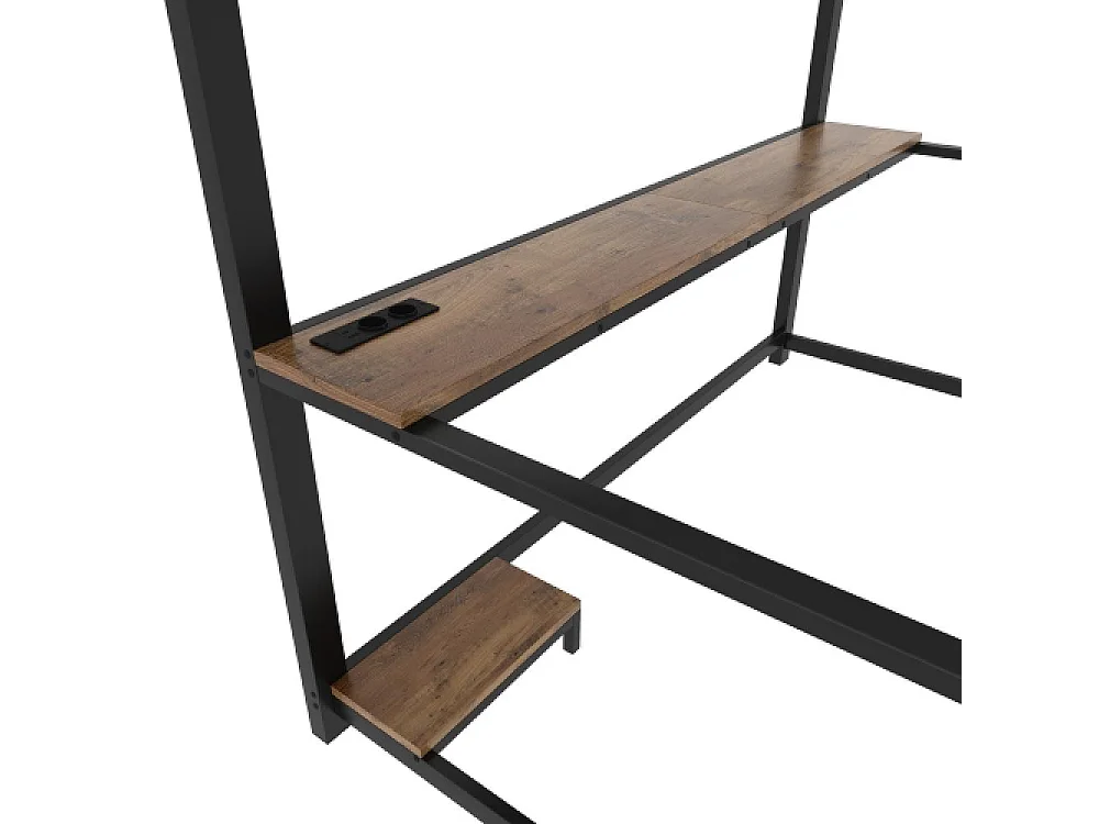 Lit mezzanine 90x200cm avec LED, Bureau multifonction, Ports USB et Prises, Étagère ordinateur, Escalier sécurisé