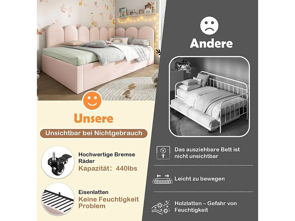 Lit polster Daybett 90x200 cm, canapé-lit avec lit gigogne 90x190 cm, lit enfant avec sommier, velours, sans matelas