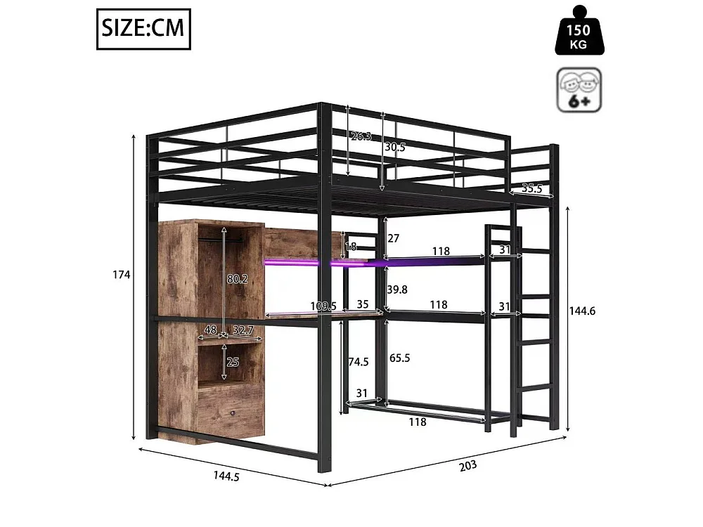 Lit mezzanine 140x200cm avec LED, bureau, tiroirs et échelle – Lit sécurisé en métal pour enfants