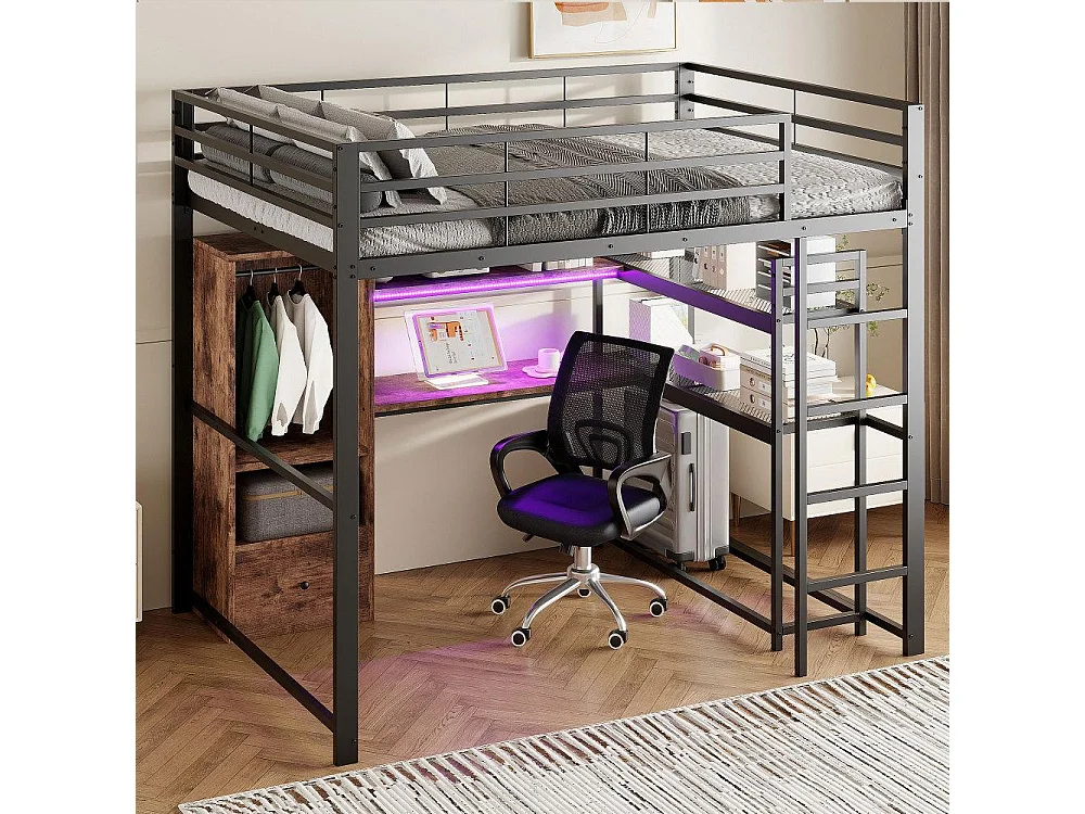 Lit mezzanine 140x200cm avec LED, bureau, tiroirs et échelle – Lit sécurisé en métal pour enfants