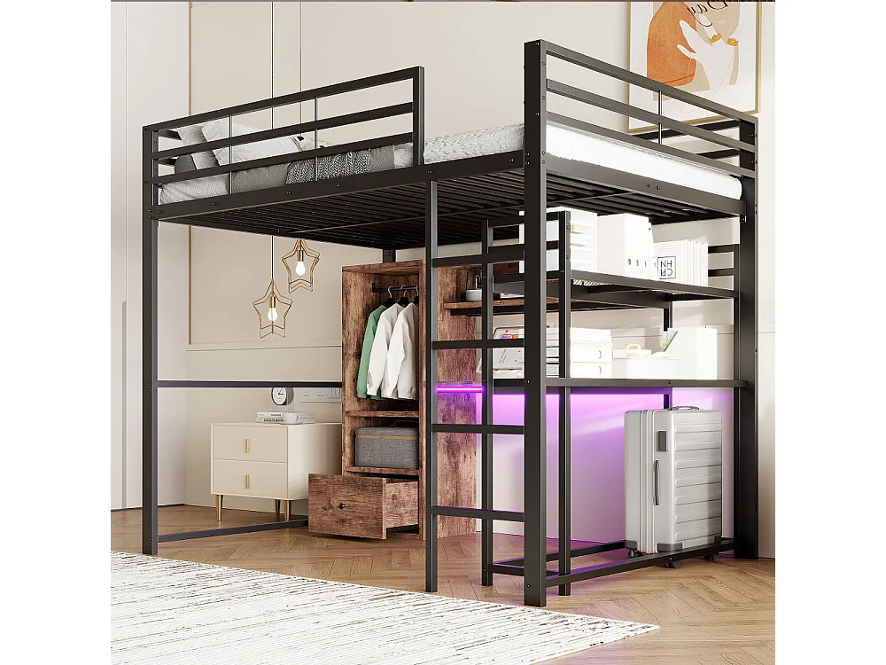 Lit mezzanine 140x200cm avec LED, bureau, tiroirs et échelle – Lit sécurisé en métal pour enfants