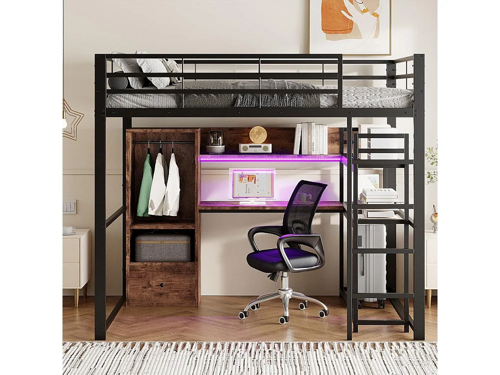Lit mezzanine 140x200cm avec LED, bureau, tiroirs et échelle – Lit sécurisé en métal pour enfants