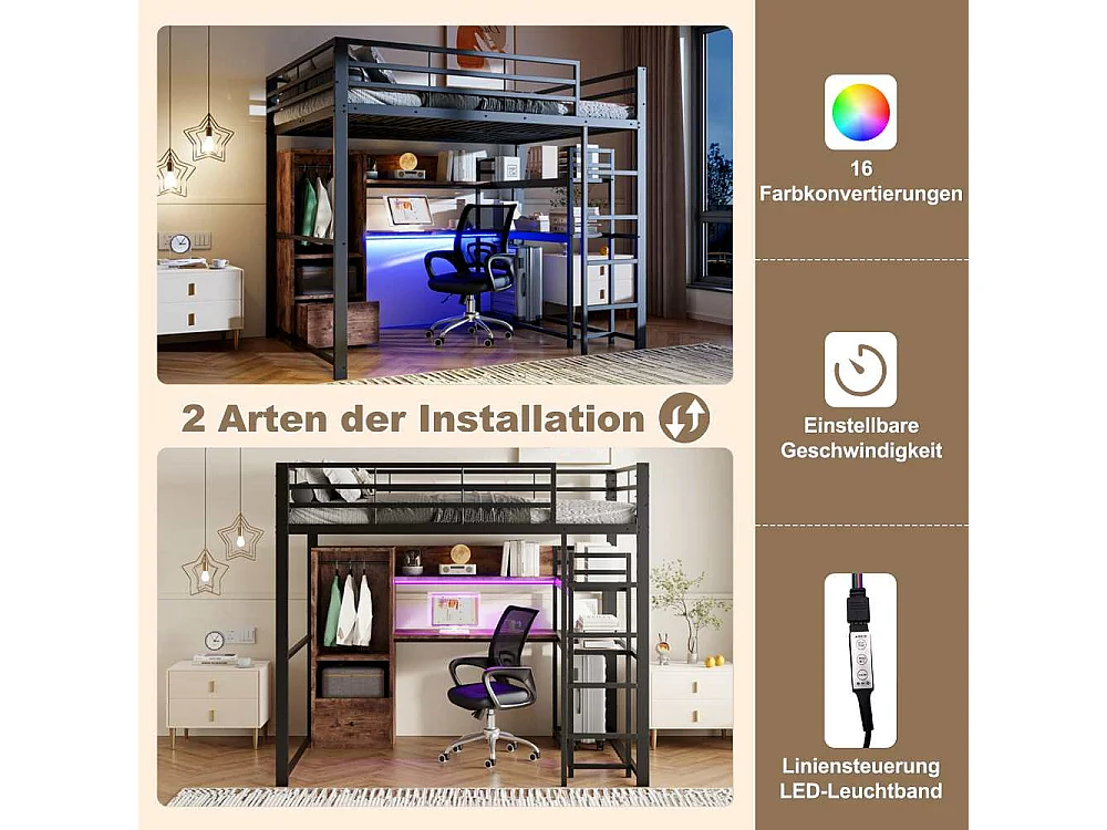 Lit mezzanine 140x200cm avec LED, bureau, tiroirs et échelle – Lit sécurisé en métal pour enfants