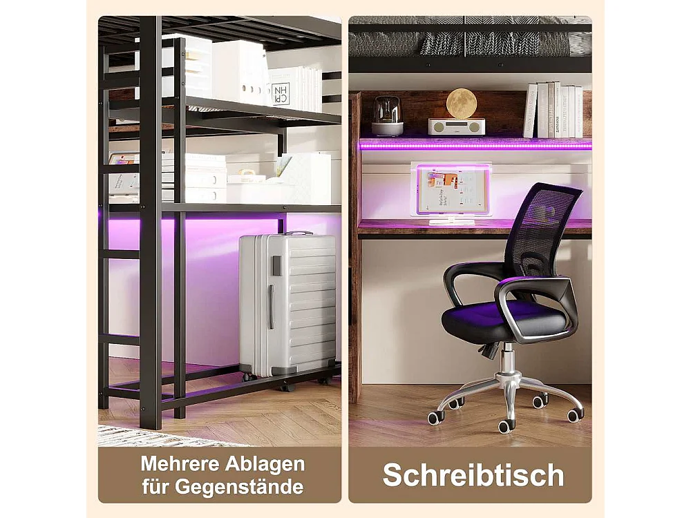 Lit mezzanine 140x200cm avec LED, bureau, tiroirs et échelle – Lit sécurisé en métal pour enfants
