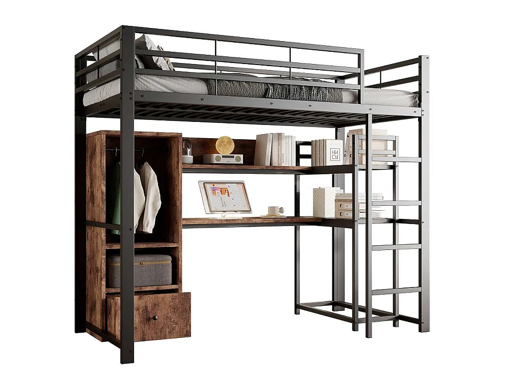 Lit mezzanine 140x200cm avec LED, bureau, tiroirs et échelle – Lit sécurisé en métal pour enfants