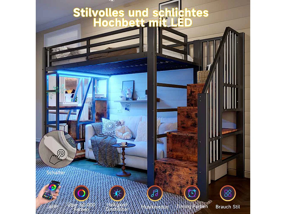 Lit mezzanine 90 x 200 cm pour enfants en métal et MDF avec étagères, marches intégrées, garde-corps, LED et rangement sous le lit, sans matelas