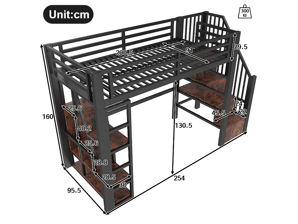 Lit mezzanine 90 x 200 cm pour enfants en métal et MDF avec étagères, marches intégrées, garde-corps, LED et rangement sous le lit, sans matelas