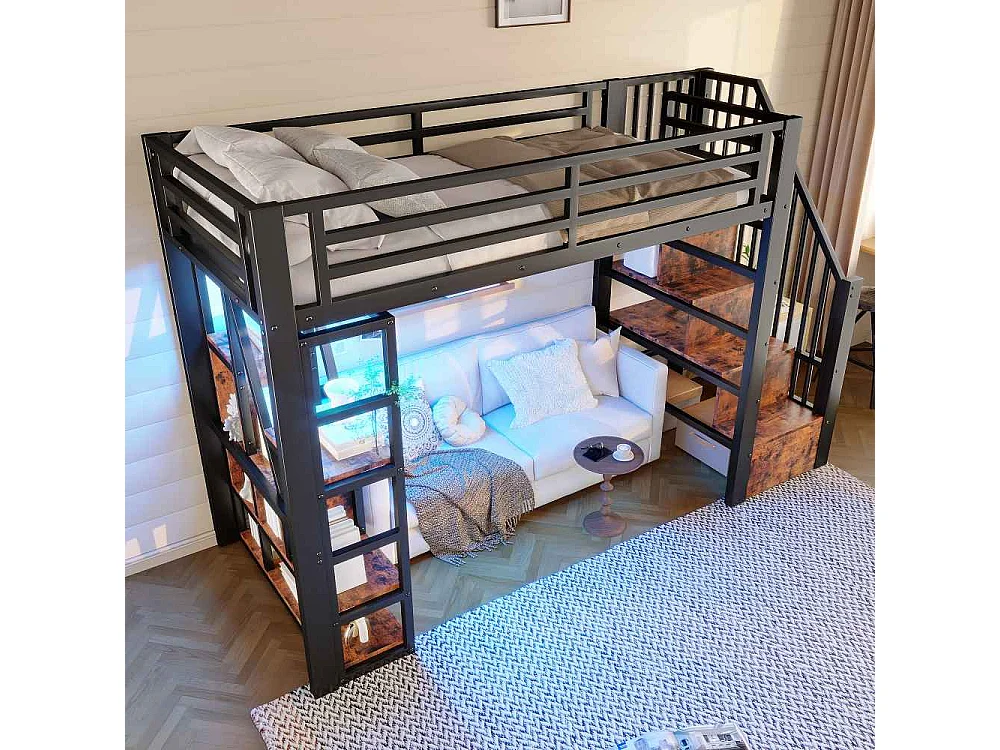 Lit mezzanine 90 x 200 cm pour enfants en métal et MDF avec étagères, marches intégrées, garde-corps, LED et rangement sous le lit, sans matelas