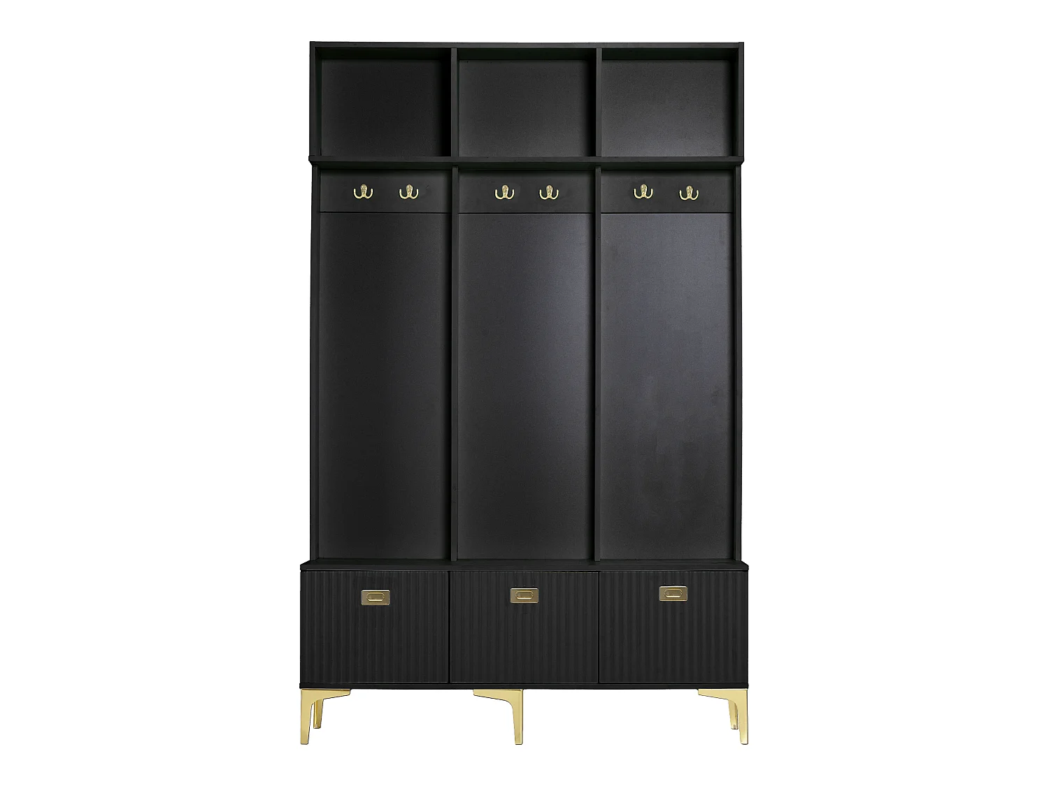 Meuble d’entrée multifonction 6-en-1 avec banc, rangement ouvert, crochets dorés et design élégant, B120/D40/H191.5CM