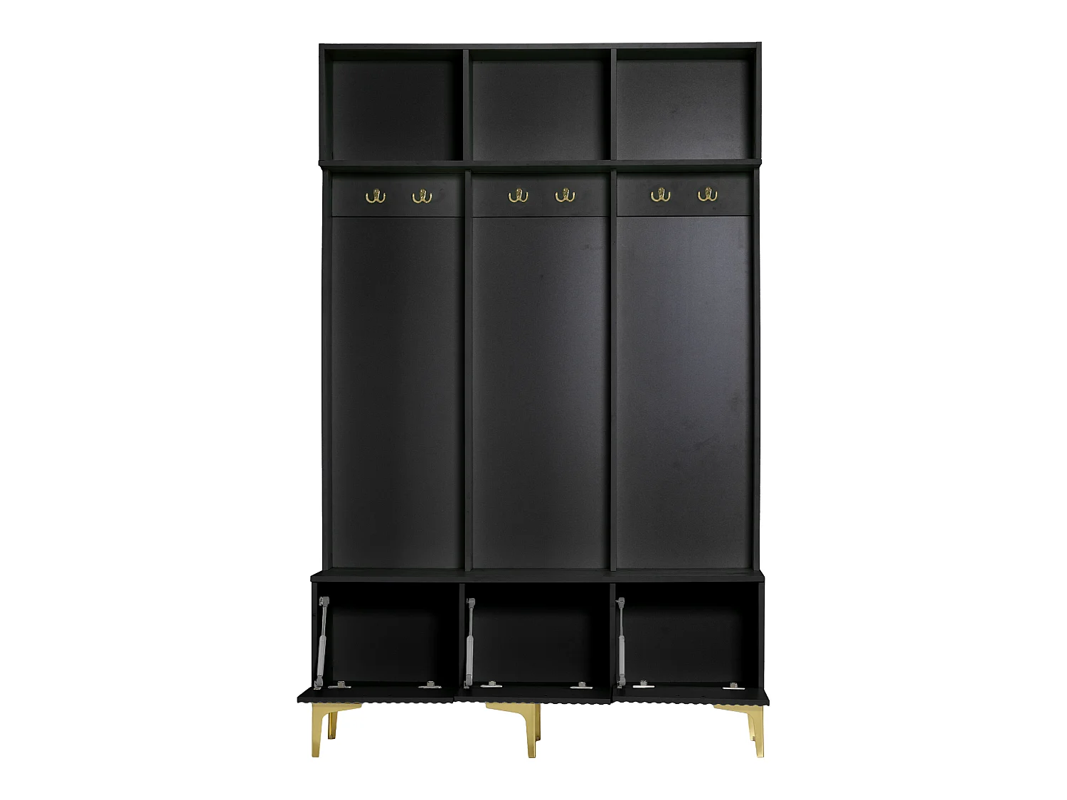 Meuble d’entrée multifonction 6-en-1 avec banc, rangement ouvert, crochets dorés et design élégant, B120/D40/H191.5CM
