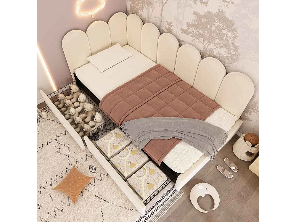 Letto singolo imbottito 90x200 cm con cassetti e contenitore, divano-letto in velluto, struttura modulabile per adulti e bambini