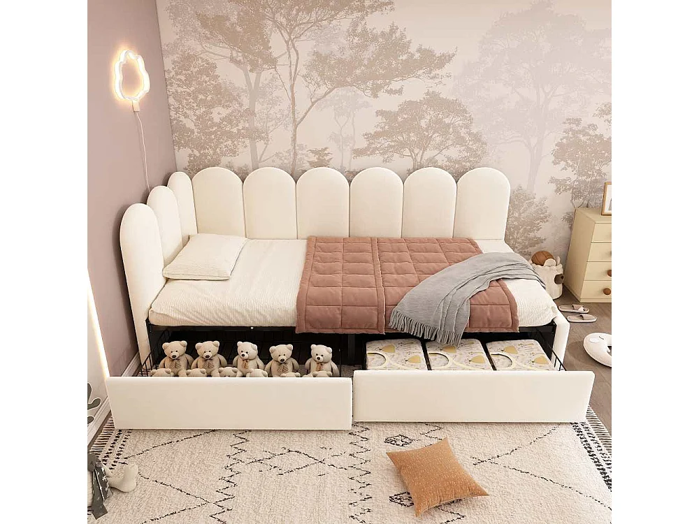 Letto singolo imbottito 90x200 cm con cassetti e contenitore, divano-letto in velluto, struttura modulabile per adulti e bambini