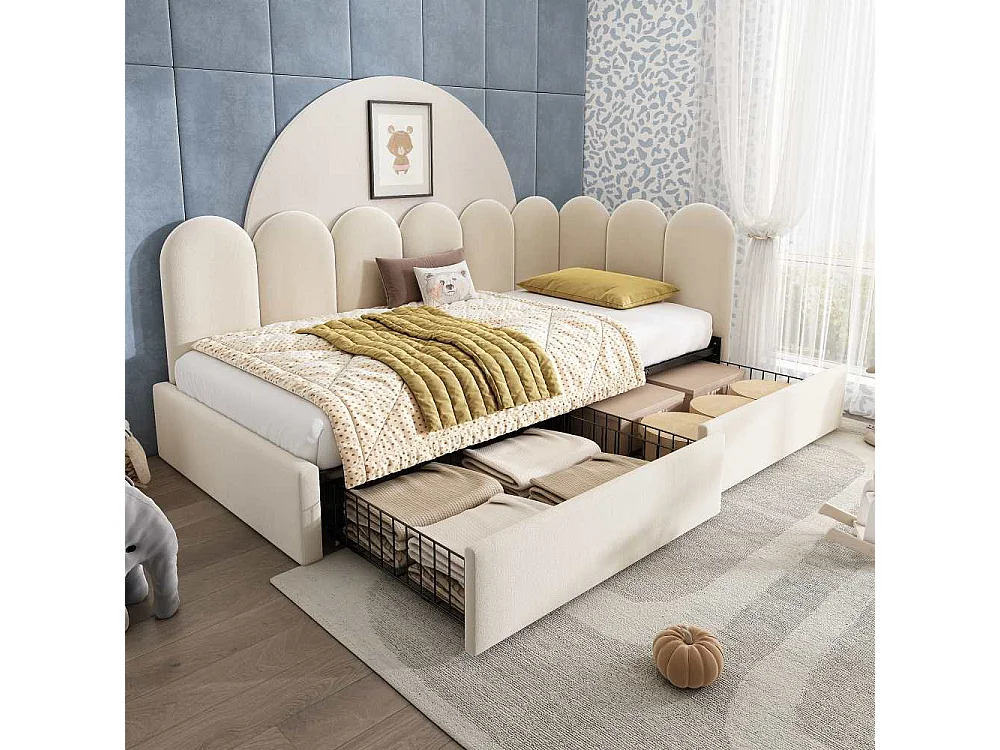 Letto singolo imbottito 90x200 cm con cassetti e contenitore, divano-letto in velluto, struttura modulabile per adulti e bambini