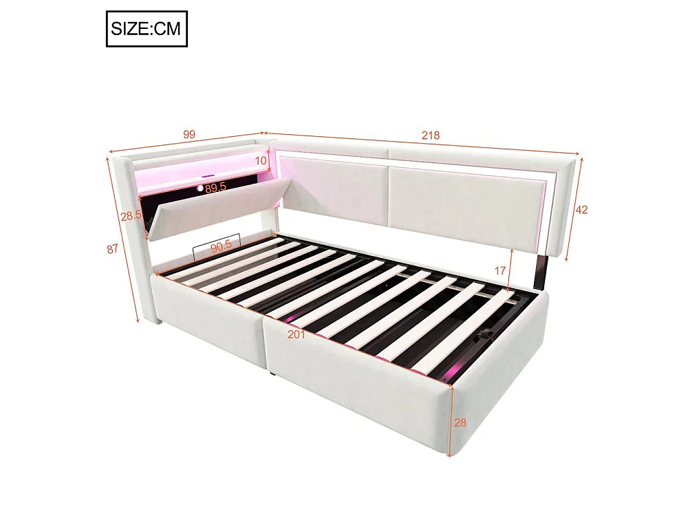 Canapé-lit 90x200 cm avec LED, USB et rangement hydraulique – canapé multifonctionnel confortable et pratique
