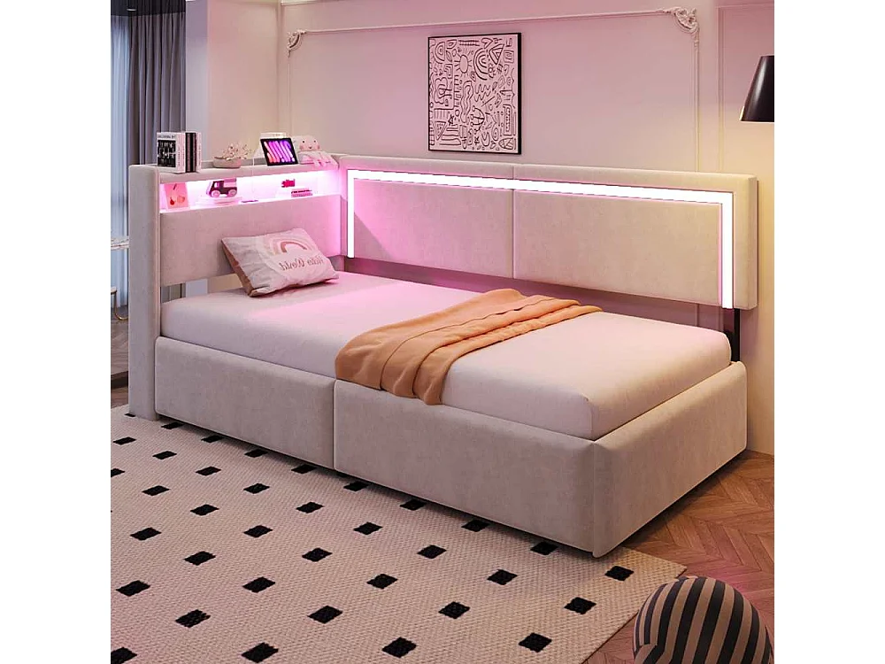 Canapé-lit 90x200 cm avec LED, USB et rangement hydraulique – canapé multifonctionnel confortable et pratique
