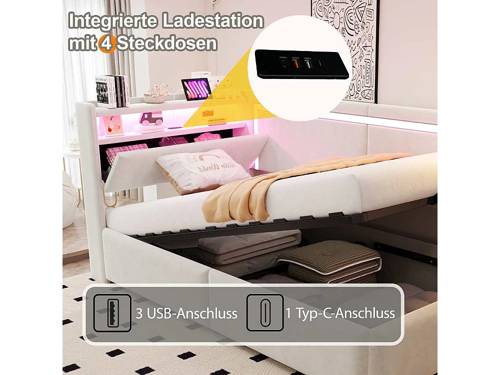 Canapé-lit 90x200 cm avec LED, USB et rangement hydraulique – canapé multifonctionnel confortable et pratique