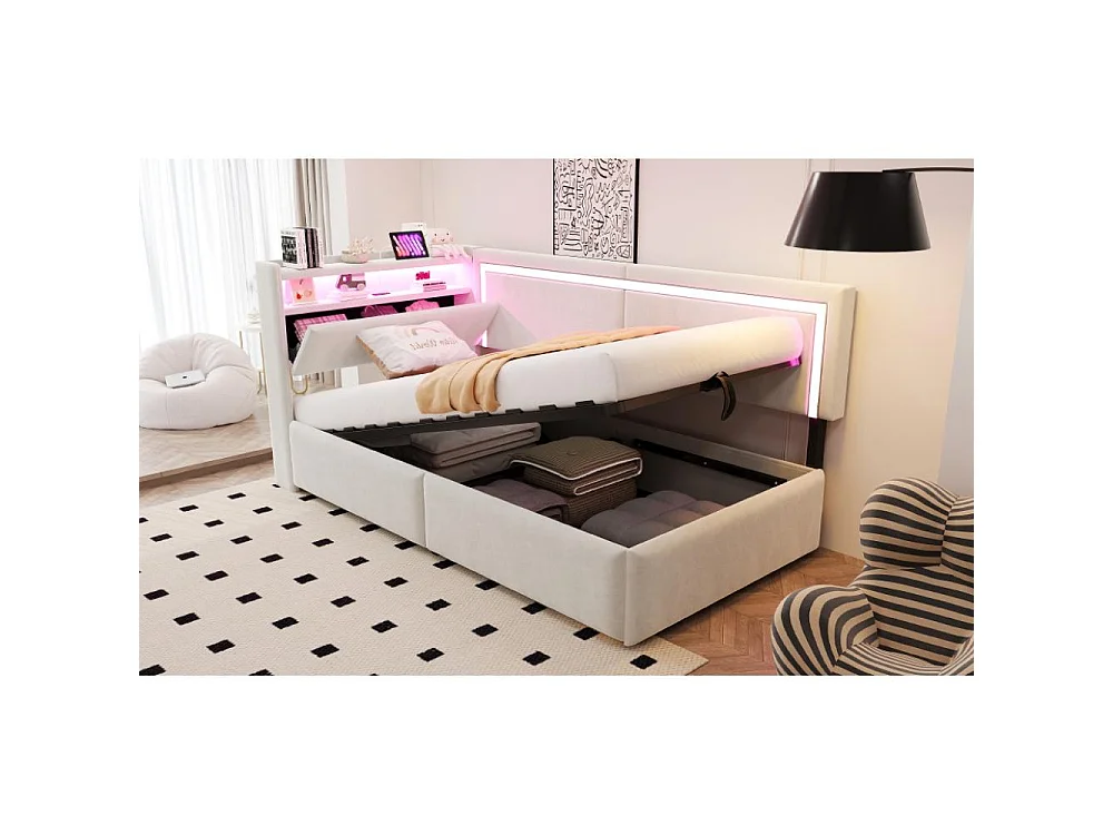 Canapé-lit 90x200 cm avec LED, USB et rangement hydraulique – canapé multifonctionnel confortable et pratique