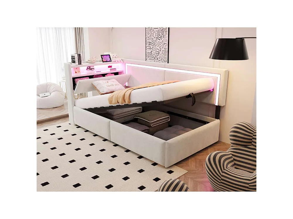 Canapé-lit 90x200 cm avec LED, USB et rangement hydraulique – canapé multifonctionnel confortable et pratique