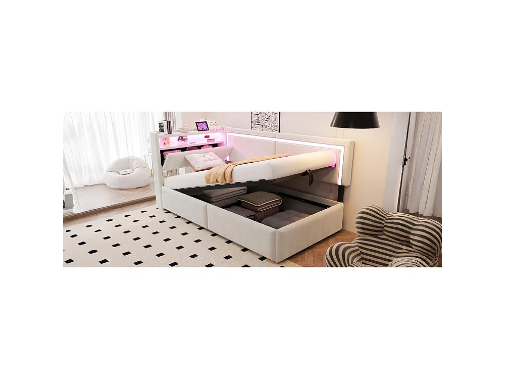 Canapé-lit 90x200 cm avec LED, USB et rangement hydraulique – canapé multifonctionnel confortable et pratique