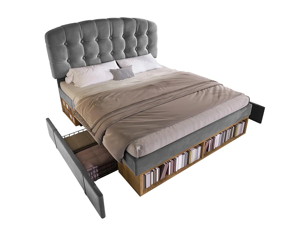 140x200 cm Lit Polster en Velours avec Tête Réglable, Rangement Intégré, Sommier à Lattes et Design Élégant