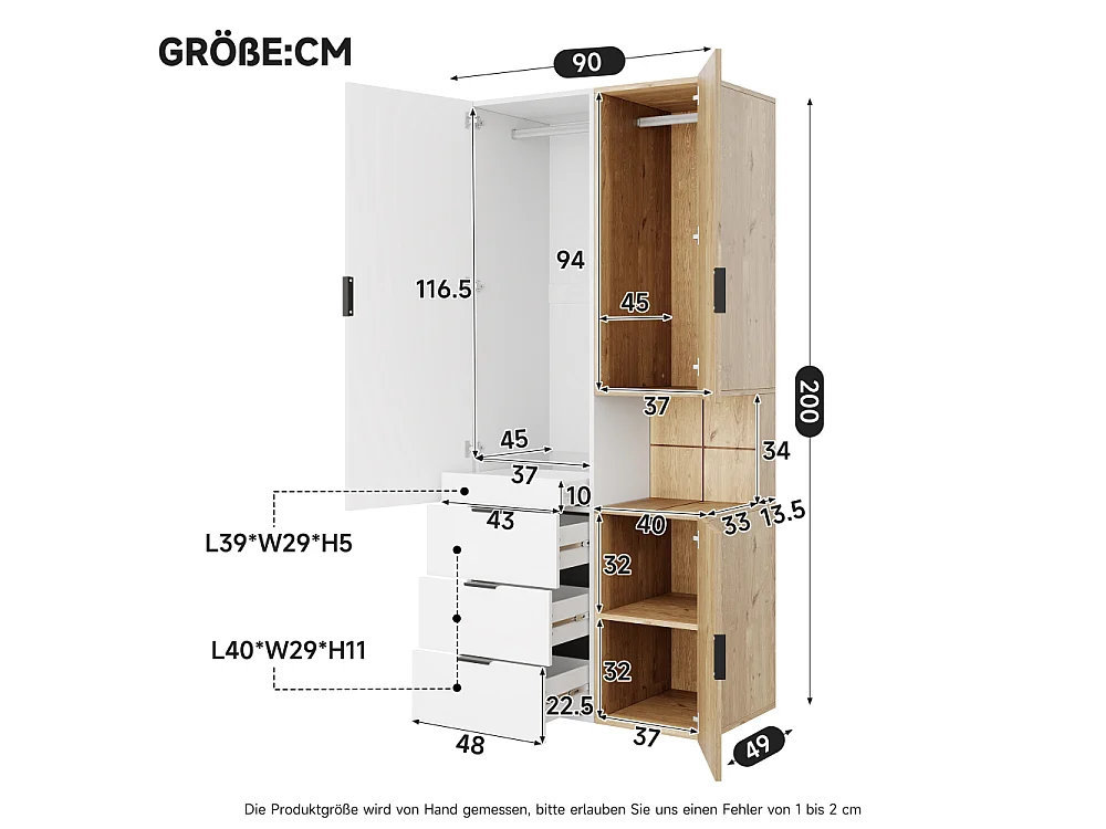Dressoir met LED-verlichting en sieradenlade, 90×49×200 cm, 2 kledingroedes, 4 laden, moderne multifunctionele opberger
