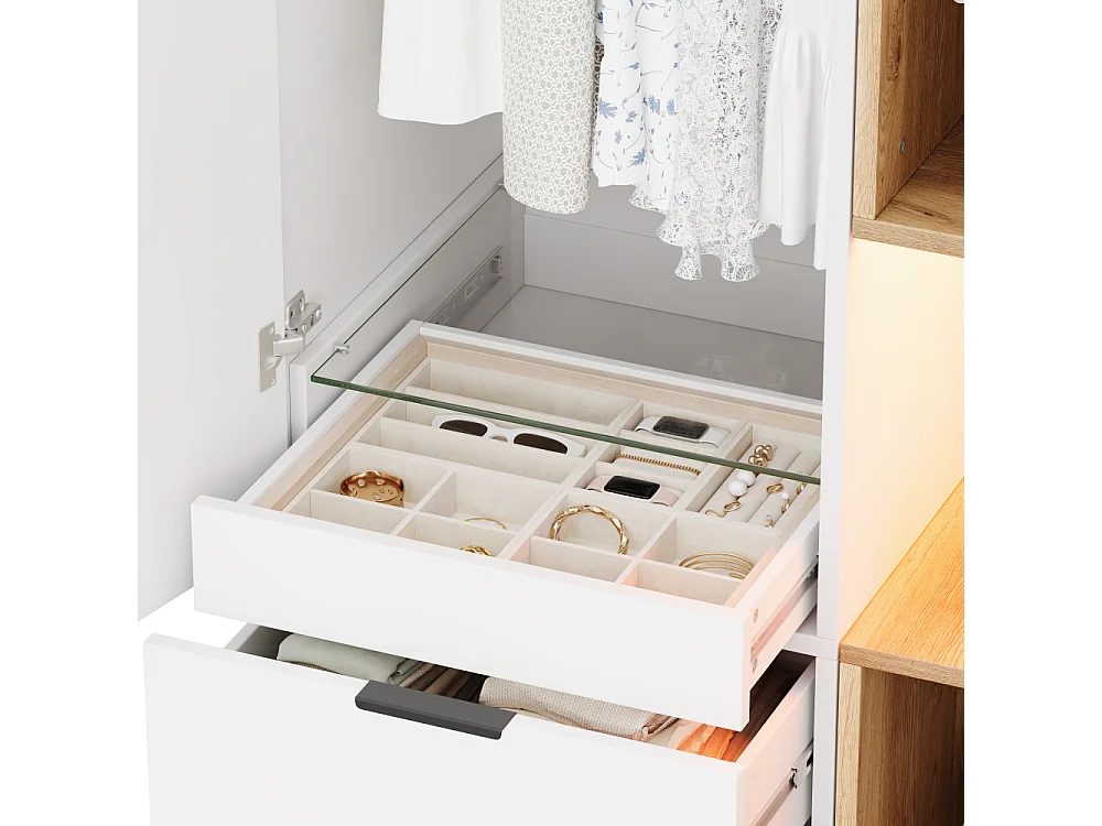 Dressoir met LED-verlichting en sieradenlade, 90×49×200 cm, 2 kledingroedes, 4 laden, moderne multifunctionele opberger