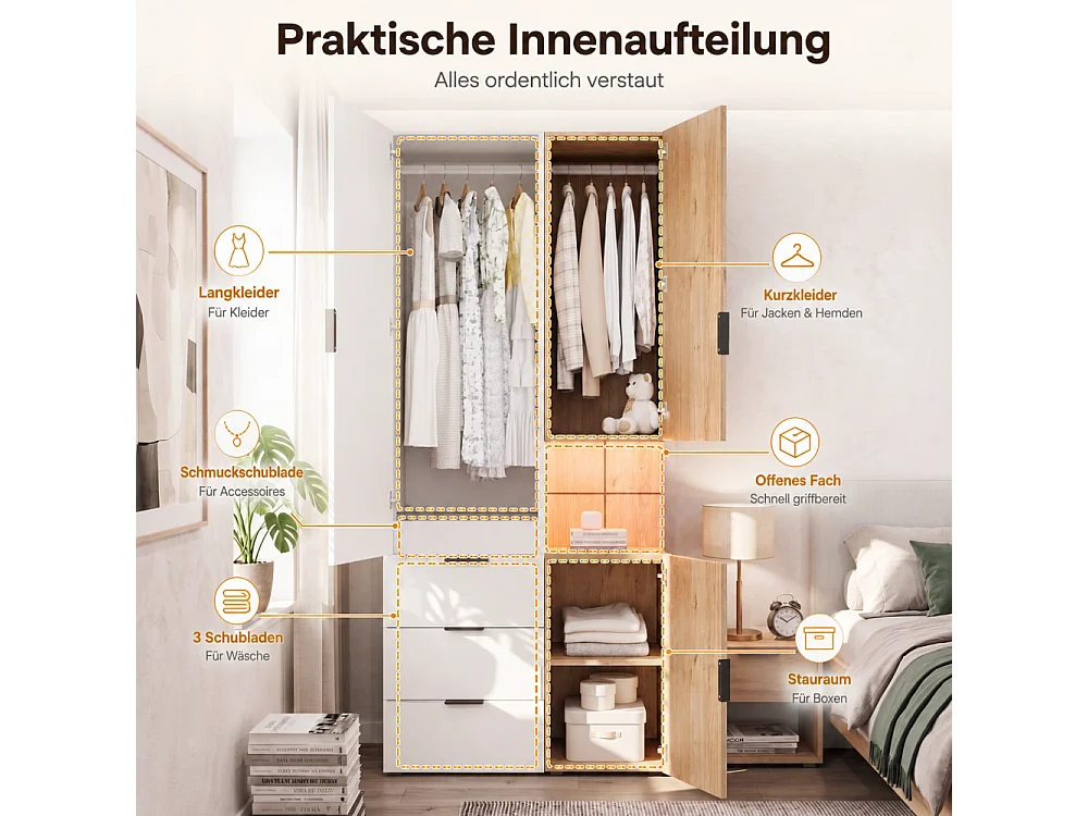 Dressoir met LED-verlichting en sieradenlade, 90×49×200 cm, 2 kledingroedes, 4 laden, moderne multifunctionele opberger