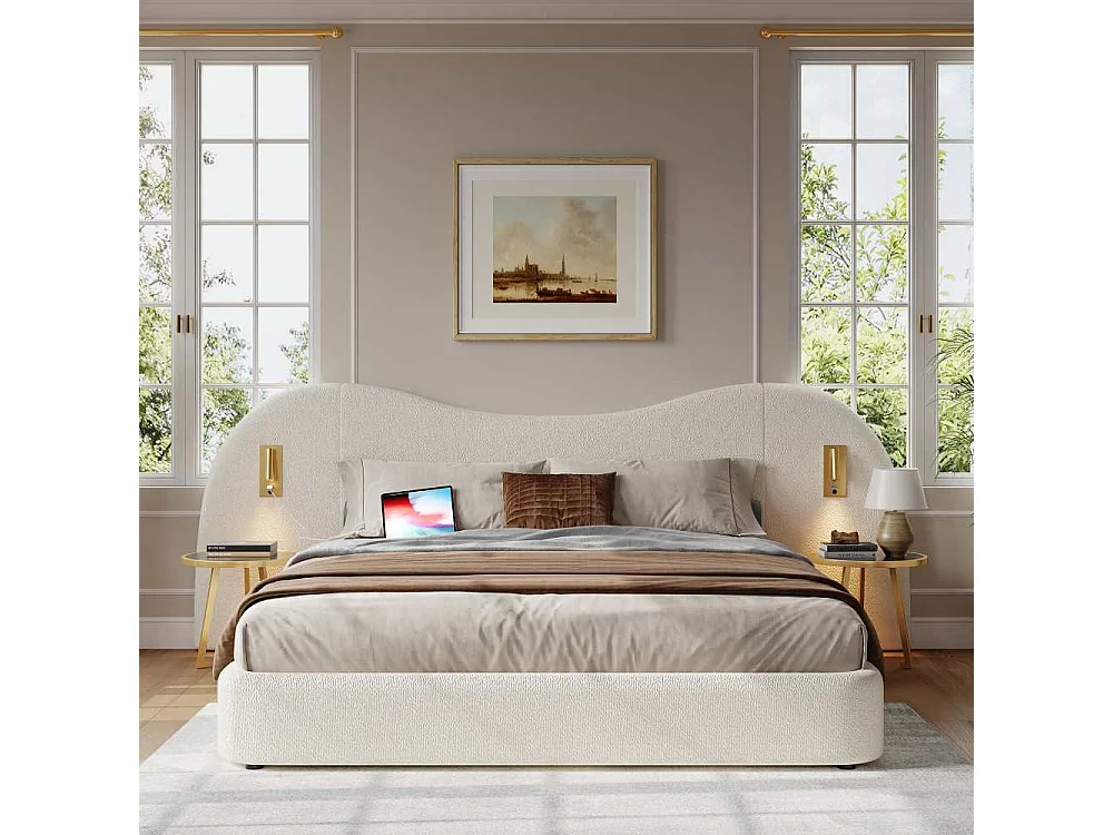 Lit double 180x200 cm avec rangement hydraulique, tête de lit rembourrée, lampes intégrées et ports USB pour confort et style