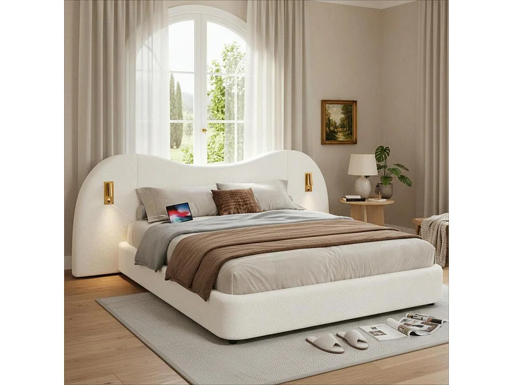 Lit double 180x200 cm avec rangement hydraulique, tête de lit rembourrée, lampes intégrées et ports USB pour confort et style