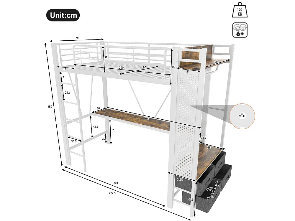 Lit mezzanine 90x200cm avec bureau, LED, 4 tiroirs, USB/Type-C, cadre en fer multifonction