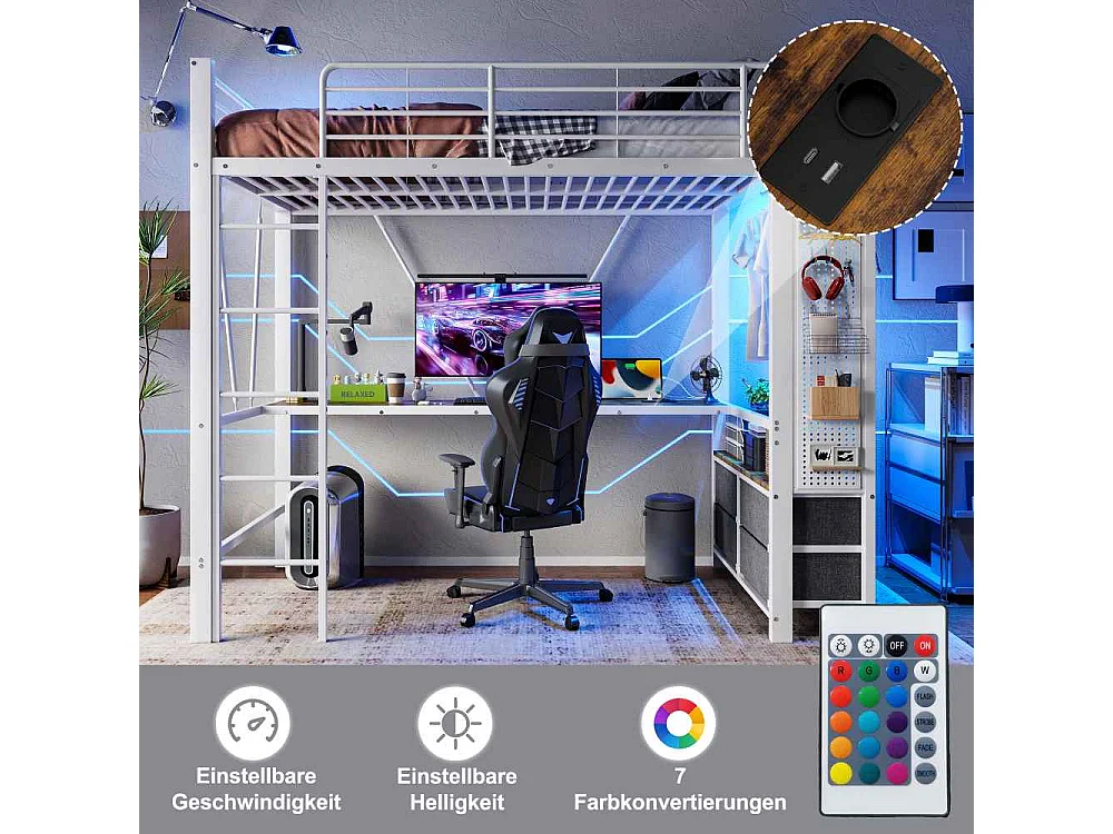 Lit mezzanine 90x200cm avec bureau, LED, 4 tiroirs, USB/Type-C, cadre en fer multifonction