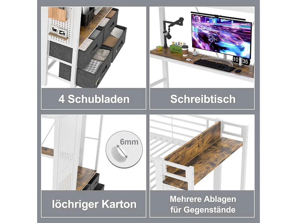 Lit mezzanine 90x200cm avec bureau, LED, 4 tiroirs, USB/Type-C, cadre en fer multifonction