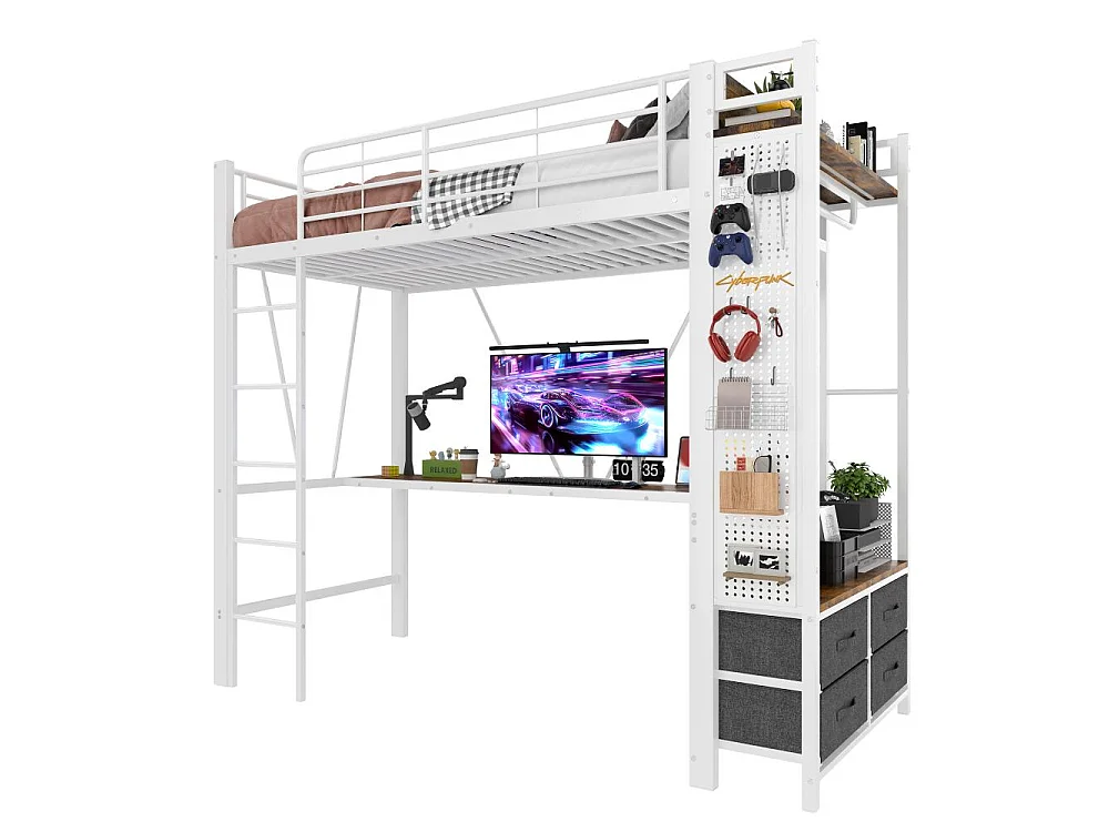 Lit mezzanine 90x200cm avec bureau, LED, 4 tiroirs, USB/Type-C, cadre en fer multifonction