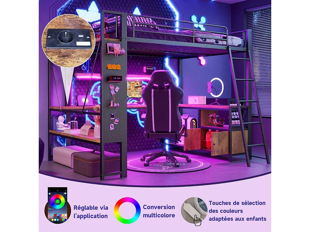 Lit mezzanine 140 x 200 cm avec structure en métal, LED intégrée, bureau, rangement, étagères multiples, panneau perforé et ports USB, sans matelas